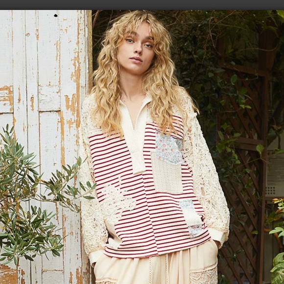 POL. Gorgeous Striped with Lace Patchwork Collared Top - Picture 5 of 6